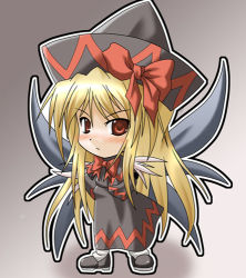 Rule 34 | &gt;:(, 1girl, chibi, chibi only, female focus, frown, hat, kukyo, lily black, lily white, long hair, lowres, red eyes, solo, touhou, v-shaped eyebrows, wings
