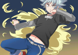 Rule 34 | 00s, 1boy, belt, bobobo-bo bo-bobo, clenched hand, collar, earrings, frown, heppokomaru, holding, jewelry, male focus, miki (moryu), pants, pants rolled up, silver hair, solo, yellow eyes