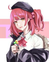 Rule 34 | 1girl, beret, black jacket, bow, bowtie, candy, dress shirt, food, girls&#039; frontline, hat, highres, jacket, lollipop, looking at viewer, mmm (ji1945), mp7 (girls&#039; frontline), red hair, shirt, solo, upper body, white shirt, yellow eyes