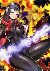 Rule 34 | 1girl, :o, alex (shin megami tensei), black bodysuit, black gloves, black hair, blue eyes, bodysuit, breasts, collar, commentary request, fire, gauntlets, gloves, headphones, headset, highres, hood, hood down, large breasts, latex, long hair, looking at viewer, open mouth, rootdesign, shin megami tensei, shin megami tensei: strange journey, shiny clothes, single gauntlet, skin tight, solo, thick thighs, thighs, vest