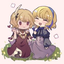 Rule 34 | 2girls, blonde hair, chibi, citrinne (fire emblem), constance von nuvelle, dress, feather hair ornament, feathers, fire emblem, fire emblem: three houses, fire emblem engage, garreg mach monastery uniform, hair ornament, hairband, highres, jewelry, manymanylilies, multiple girls, necklace, nintendo, open mouth, red eyes, short hair, simple background, white background