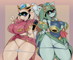 Rule 34 | 2girls, android, armor, bar censor, blue panties, blue sclera, breasts, censored, clothes lift, colored sclera, colored skin, covered erect nipples, cowboy shot, dress, dress lift, flashing, green sclera, green skin, gundam, huge breasts, huge nipples, joints, kougetsuei gun ez, large breasts, lifting own clothes, medium skirt, midriff peek, multiple girls, one eye closed, panties, panty pull, pauldrons, pochincoff, purple eyes, pussy, red eyes, robot, robot joints, sd gundam, sd gundam sangokuden, shoulder armor, simple background, skirt, sonshoukou garbera, underwear, v, v-fin, white panties, yellow skin