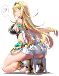 Rule 34 | 1girl, ass, back, bare back, bare legs, bare shoulders, blonde hair, blush, breasts, curvy, dot nose, earrings, elbow gloves, full body, gloves, highres, impossible clothes, japanese text, jewelry, large breasts, legs, long hair, looking back, mamo williams, matching hair/eyes, mythra (xenoblade), nintendo, panties, plump, shiny clothes, shiny skin, sideboob, solo, squatting, star (symbol), star earrings, thick thighs, thighs, thought bubble, translated, underwear, white background, white gloves, white panties, xenoblade chronicles (series), xenoblade chronicles 2, yellow eyes