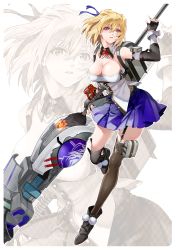Rule 34 | 1girl, absurdres, ankle boots, backpack, bag, bare shoulders, black footwear, black thighhighs, blonde hair, blue skirt, boots, bracelet, breasts, buttons, claire victorious, cleavage, commentary request, fingerless gloves, garter straps, gloves, god eater, god eater 3, highres, holding, holding weapon, jewelry, large breasts, leg up, looking at viewer, multiple views, open mouth, pleated skirt, polearm, pom pom (clothes), red eyes, shiny clothes, short hair, simple background, skirt, solo, strapless, tarutaru yamaoka, thighhighs, weapon, zettai ryouiki, zoom layer