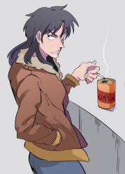 Rule 34 | 1boy, black eyes, black hair, blue pants, bomber jacket, brown jacket, can, canned coffee, cigarette, commentary request, cowboy shot, drink can, fingernails, grey background, grin, hand in pocket, holding, holding cigarette, inudori, itou kaiji, jacket, kaiji, long hair, looking at viewer, male focus, medium bangs, pants, pointy nose, smile, smoke, smoking, solo, v-shaped eyebrows