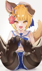 Rule 34 | 1girl, absurdres, alternate costume, animal ears, black pantyhose, blonde hair, blue shorts, breasts, dog ears, dog girl, dog tail, feet, foot focus, granblue fantasy, highres, hyouta (yoneya), looking at viewer, open mouth, pantyhose, short hair, shorts, small breasts, solo, tail, thick eyebrows, toes, vajra (granblue fantasy), white background, yellow eyes