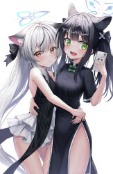 Rule 34 | 2girls, bare arms, bare shoulders, black dress, black hair, blue archive, bow, caba (caba091), china dress, chinese clothes, dress, extra ears, frills, hair bow, halo, hand up, highres, holding, hug, kokona (blue archive), long hair, looking at viewer, multicolored hair, multiple girls, open mouth, pelvic curtain, phone, ponytail, red eyes, short sleeves, shun (blue archive), shun (small) (blue archive), sleeveless, sleeveless dress, smile, streaked hair, striped, thighs, white hair