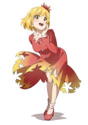 Rule 34 | 1girl, aki shizuha, anime coloring, blonde hair, blush, buttons, collared shirt, full body, gyouza (mhea5724), hair ornament, highres, leaf hair ornament, long sleeves, looking at viewer, open mouth, red footwear, red shirt, red skirt, shirt, shoes, short hair, simple background, skirt, smile, socks, solo, standing, touhou, white background, white socks, yellow eyes
