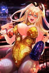 Rule 34 | 1girl, absurdres, alcohol, animal ears, blonde hair, blush, bottle, bow, bowtie, breasts, cleavage, collar, detached collar, fishnets, goddess of victory: nikke, gold leotard, green eyes, gyaru, hair ribbon, highres, holding, large breasts, leotard, long hair, open mouth, rabbit ears, ribbon, rupee (nikke), smile, solo, tan, teiten kansoku mitsuo, v, wine bottle, yellow bow, yellow bowtie, yellow leotard