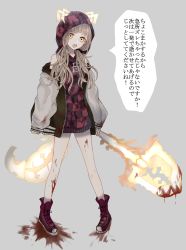 Rule 34 | 1girl, akitama2727, bare legs, bare shoulders, blonde hair, blood, blood splatter, bloody weapon, blunt bangs, full body, glowing, glowing ears, glowing tail, glowing weapon, grey background, highres, holding, holding shovel, holding weapon, hood, hood up, hoodie, jacket, long hair, long sleeves, looking at viewer, open clothes, open jacket, open mouth, red footwear, red hood, red hoodie, red riding hood (sinoalice), shoes, shovel, simple background, sinoalice, sleeves past wrists, sneakers, solo, standing, tail, tools, wavy hair, weapon, yellow eyes