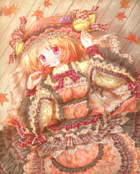 Rule 34 | 1girl, adapted costume, aki minoriko, apron, arinu, armband, black skirt, blonde hair, bow, breasts, embellished costume, food, frilled sleeves, frills, fruit, grapes, hand up, hat, hat ornament, hat ribbon, highres, holding, holding leaf, lace, lace-trimmed sleeves, lace trim, large breasts, leaf, long sleeves, looking at viewer, lying, maple leaf, mob cap, on back, on floor, open mouth, red eyes, ribbon, ribbon-trimmed apron, ribbon-trimmed collar, ribbon-trimmed sleeves, ribbon trim, skirt, solo, too many, too many frills, touhou, wide sleeves, wooden floor, wrist cuffs