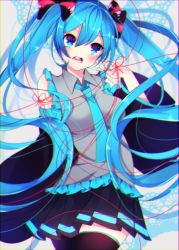 Rule 34 | 1girl, bad id, bad pixiv id, black bow, black skirt, black thighhighs, blue eyes, blue hair, blue necktie, blush, bow, chromatic aberration, cowboy shot, detached sleeves, floating hair, frilled shirt, frills, grey shirt, hair between eyes, hair bow, hatsune miku, highres, miniskirt, motsuni (lxxe1120), necktie, open mouth, pleated skirt, purple eyes, red ribbon, ribbon, shirt, skirt, sleeveless, sleeveless shirt, solo, standing, thighhighs, twintails, vocaloid, zettai ryouiki