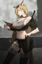 Rule 34 | 1girl, abs, absurdres, animal ears, arknights, bare shoulders, black footwear, black hairband, black jacket, black skirt, blonde hair, blue eyes, boots, cloud, cloudy sky, commentary, cowboy shot, crop top, cropped jacket, grey tank top, hairband, highres, horn (arknights), jacket, long hair, looking at viewer, midriff, miniskirt, navel, off shoulder, outdoors, short sleeves, skirt, sky, solo, sosiick, standing, stomach, sweat, tail, tank top, thigh boots, v-shaped eyebrows, very long hair, wolf ears, wolf tail