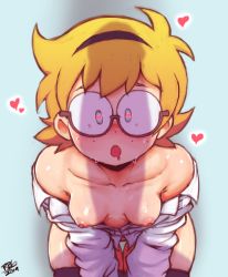Rule 34 | 10s, 1girl, blonde hair, blue eyes, breasts, drooling, erection, glasses, hairband, heart, heart-shaped pupils, highres, little witch academia, looking at penis, lotte jansson, nipples, open clothes, penis awe, penis shadow, randomboobguy, shadow, short hair, small breasts, solo, symbol-shaped pupils, thighhighs