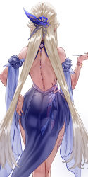 Rule 34 | 1girl, ass, back, bare shoulders, blue dress, breasts, dress, folded ponytail, from behind, genshin impact, hair ornament, half updo, highres, holding, holding smoking pipe, large breasts, long hair, ningguang (genshin impact), ningguang (orchid&#039;s evening gown) (genshin impact), parted bangs, sidelocks, smoking pipe, solo, thighs, uenoryoma, white hair