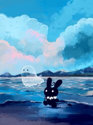 Rule 34 | 1other, black skin, blue sky, cloud, colored skin, commentary, english commentary, hat, highres, horizon, li04r, mountain, mountainous horizon, original, party hat, rabbit, sheet ghost, sky, tail, walking, water, white eyes