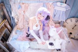 Rule 34 | 1girl, ahoge, azur lane, bare shoulders, black ribbon, box, breasts, cleavage, clock, closed mouth, collarbone, cosplay, cosplay photo, criss-cross halter, day, dress, elbow gloves, fingerless gloves, gloves, hair bun, hair ribbon, halter dress, halterneck, head tilt, highres, horns, in box, in container, indoors, lingerie, lips, long hair, medium breasts, open box, photo (medium), picture frame, pink hair, purple eyes, ribbon, single hair bun, single horn, sitting, smile, solo, stuffed animal, stuffed toy, stuffed unicorn, stuffed winged unicorn, sunlight, teddy (lingerie), thighhighs, underwear, unicorn (azur lane), unicorn (azur lane) (cosplay), white dress, white gloves, white thighhighs, yokozuwari, zettai ryouiki