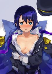 Rule 34 | 1girl, absurdres, blue eyes, blue hair, breasts, cape, collarbone, commentary request, epaulettes, gloves, hat, highres, jahy-sama wa kujikenai!, konbu wakame, long sleeves, looking at viewer, lying, on back, open clothes, open shirt, peaked cap, pointy ears, saurva, short hair, small breasts, solo, sweat, tearing up, tears, unworn hat, unworn headwear, upper body, white gloves