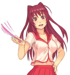 Rule 34 | 1girl, ahoge, blush, breasts, cleavage, hand on own hip, hip focus, holding, kousaka tamaki, long hair, medium breasts, open mouth, pink slip, pleated skirt, red eyes, red hair, school uniform, serafuku, simple background, skirt, solo, to heart (series), to heart 2, upper body, very long hair, yuuji (and)