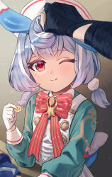 1boy 1girl absurdres animal_ears apron aqua_shirt bandaged_arm bandages black_gloves blue_hair blurry blurry_foreground blush bow bowtie brooch buttons closed_mouth commentary_request crossed_bangs eyelashes fingerless_gloves genshin_impact gloves gradient_hair hair_between_eyes hair_ornament hand_on_another&#039;s_head hand_up hat headpat highres jewelry jyon_(xrmn8737) light_particles long_sleeves looking_at_viewer low_twintails medium_hair multicolored_hair nurse_cap one_eye_closed pom_pom_(clothes) pom_pom_hair_ornament pov pov_hands puffy_long_sleeves puffy_sleeves purple_hair red_bow red_bowtie red_eyes shirt sidelocks sigewinne_(genshin_impact) simple_background smile smiley_face solo_focus sticker twintails white_apron white_gloves white_hat wriothesley_(genshin_impact)