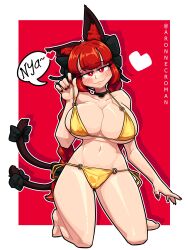 Rule 34 | 1girl, :3, absurdres, animal ears, aronnecroman, bikini, bikini pull, bikini top pull, black bow, blush, bow, breasts, cat ears, cat girl, cat tail, cleavage, closed mouth, clothes pull, collar, collarbone, commentary, english commentary, fang, full body, gold bikini, hair bow, heart, highres, huge breasts, kaenbyou rin, kneeling, looking at viewer, multiple tails, nekomata, outline, pulling own clothes, red eyes, red hair, red nails, smile, solo, speech bubble, swimsuit, tail, touhou, twitter username, two tails, variant set, white outline