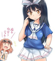Rule 34 | 10s, 2girls, ascot, black hair, blue shirt, blunt bangs, brown eyes, casual, closed mouth, commentary request, eyewear on head, girls und panzer, hair ribbon, hairband, hand on own hip, kitayama miuki, lace, lace-trimmed skirt, lace trim, long hair, looking at another, looking at viewer, midriff, multicolored stripes, multiple girls, navel, open mouth, orange eyes, orange hair, pleated skirt, pointing, pointing at self, reizei mako, ribbon, sailor collar, shirt, short sleeves, skirt, sleeveless, sleeveless shirt, smile, standing, striped clothes, striped ribbon, striped skirt, sunglasses, takebe saori, upper body, white-framed eyewear, white ascot, white skirt