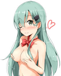 Rule 34 | 10s, 1girl, aikawa ryou, aqua hair, blush, bow, bowtie, breasts, covering nipples, covering privates, green eyes, heart, highres, kantai collection, long hair, looking at viewer, medium breasts, mouth hold, navel, nude, one eye closed, simple background, smile, solo, suzuya (kancolle), upper body, white background