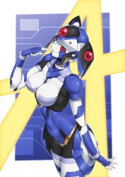 Rule 34 | 1girl, abs, absurdres, android, blue hair, bodysuit, borrowed character, breasts, cleavage, finger to mouth, fingerless gloves, gloves, highres, large breasts, looking at viewer, original, red eyes, robot, twintails, yuuyatails