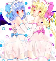 Rule 34 | 2girls, :o, ass, blonde hair, blue hair, blush, bow, bow panties, breasts, dress, elbow gloves, flandre scarlet, from behind, gloves, hair bow, hat, highres, kurenai (anohitop), mob cap, multiple girls, panties, pink bow, remilia scarlet, see-through, smile, thighhighs, thong, touhou, underwear, white gloves, white headwear, white legwear, wings
