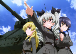 Rule 34 | 10s, 3girls, absurdres, anchovy (girls und panzer), belt, black hair, black shirt, blonde hair, braid, brown eyes, carpaccio (girls und panzer), carro armato p40, cloud, cloudy sky, crossed arms, day, dress shirt, drill hair, girls und panzer, green eyes, green hair, grey jacket, grin, hair ribbon, highres, jacket, knife, long hair, long sleeves, military, military uniform, military vehicle, motor vehicle, multiple girls, necktie, official art, pepperoni (girls und panzer), pointing, red eyes, ribbon, shirt, short hair, shoulder belt, side braid, sky, smile, standing, tank, twin drills, twintails, uniform, upper body