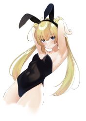 Rule 34 | &gt;:), 1girl, ahoge, animal ears, arm behind head, armpits, arms up, backboob, bare arms, black leotard, blonde hair, blue eyes, blunt ends, blush, breasts, closed mouth, commentary, commission, covered navel, cowboy shot, crossed bangs, double bun, dutch angle, eyelashes, eyes visible through hair, fake animal ears, hair between eyes, hair bun, highleg, highleg leotard, highres, huge ahoge, leaning back, leotard, long hair, looking at viewer, playboy bunny, rabbit ears, shirayuki noa, small breasts, smile, solo, standing, straight hair, sway back, tenshi souzou re-boot!, tft (tft7822), twintails, v-shaped eyebrows, very long hair, wing hair ornament