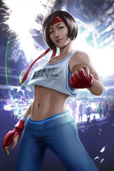 Rule 34 | 1girl, absurdres, aged up, alternate costume, clenched hand, commentary, cowboy shot, crop top, fingerless gloves, gloves, headband, highres, kasugano sakura, lips, midriff, navel, nose, pants, realistic, short hair, smile, solo, spandex, street fighter, swept bangs, themimig, toned