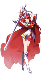 Rule 34 | 1990s (style), 1girl, absurdres, armor, armored dress, armpits, arms up, boots, braid, cape, full body, gem, gloves, highres, kanola u, knee boots, long hair, magic knight rayearth, official alternate costume, pauldrons, red eyes, red hair, retro artstyle, shidou hikaru, shoulder armor, skirt, solo, standing, sword, weapon, white background, white footwear