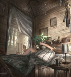 Rule 34 | 1girl, ahoge, bad id, bad pixiv id, bare arms, barefoot, being late, book, clock, cup, curtains, desk, dream catcher, facing away, from behind, green hair, highres, lamp, mug, original, shelf, shichigatsu, solo, statue, tagme