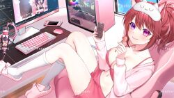Rule 34 | 1girl, bra, breasts, candy, chair, closed mouth, computer, cpu, female focus, food, fyirkingdomsis, heterochromia, highres, holding, holding candy, holding food, holding lollipop, indie virtual youtuber, keyboard (computer), lollipop, medium breasts, midriff, navel, pink eyes, pinky mikaori, purple eyes, red bra, red hair, red shorts, shoes, shorts, sitting, smile, solo, stomach, underwear, virtual youtuber