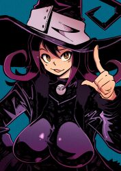 Rule 34 | 1girl, :3, absurdres, aqua background, bare shoulders, black dress, black hat, black jacket, blair (soul eater), breasts, dress, flipped hair, fur trim, hair between eyes, halloween, hat, highres, impossible clothes, index finger raised, jacket, large breasts, looking at viewer, open mouth, purple hair, skin tight, solo, soul eater, vakodraws, witch, witch hat, yellow eyes