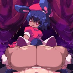 Rule 34 | 1girl, anal, animated, animated gif, ass, bar censor, bouncing ass, censored, cum, cum in ass, dark skin, femdom, hat, huge ass, pixel art, rabbit ears, red eyes, reverse cowgirl position, sex, sex from behind, smug, straddling, tacchon, thighs