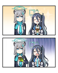 Rule 34 | 2girls, 2koma, ^ ^, absurdres, aris (blue archive), blue archive, closed eyes, coffee, comic, gradient background, hair between eyes, highres, multiple girls, nagam, shiroko (blue archive)