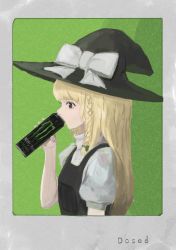 Rule 34 | 1girl, absurdres, blonde hair, border, braid, can, drinking, energy drink, english text, expressionless, from side, green background, hat, highres, kirisame marisa, long hair, looking to the side, monster energy, product placement, shinkopeishon, short sleeves, touhou, white border, witch, witch hat