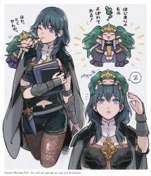 Rule 34 | 2girls, black shorts, blue hair, blunt bangs, book, byleth (female) (fire emblem), byleth (fire emblem), cape, cheek poking, dress, fire emblem, fire emblem: three houses, green hair, hair between eyes, highres, holding, holding book, long hair, mhsk154, multiple girls, multiple views, navel, nintendo, pointy ears, poking, purple dress, purple eyes, shorts, sothis (fire emblem), spoken zzz, translation request, very long hair, zzz