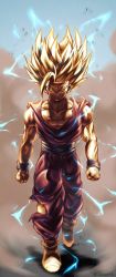 Rule 34 | 1boy, angry, aura, bare arms, blonde hair, blue eyes, commentary, dragon ball, dragonball z, highres, large pectorals, male focus, muscular, muscular child, pectoral cleavage, pectorals, saiyan, simple background, solo, son gohan, spiked hair, super saiyan, super saiyan 2, torn clothes, walking, xalice18