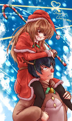 Rule 34 | 1boy, 1girl, aisaka taiga, animal costume, antlers, black hair, blue eyes, brown eyes, brown hair, candy, candy cane, capelet, carrying, christmas, commentary request, couple, fang, food, hat, horns, long hair, mao wan (pixiv9309504), merry christmas, red nose, reindeer antlers, reindeer costume, santa costume, santa hat, shoulder carry, takasu ryuuji, toradora!