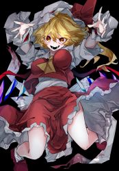 Rule 34 | 1girl, ascot, black background, blonde hair, crystal, fang, flandre scarlet, hat, highres, looking at viewer, mob cap, open mouth, puffy sleeves, red eyes, ribbon, shirt, short hair, short sleeves, side ponytail, skirt, smile, solo, touhou, vivo (vivo sun 0222), white shirt, wings