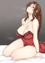 Rule 34 | 1girl, aerith gainsborough, aerith gainsborough (red dress), bare shoulders, bed sheet, bracelet, breasts, brown hair, cleavage, dress, earrings, final fantasy, final fantasy vii, final fantasy vii remake, green eyes, hair ribbon, head tilt, jewelry, jjanda, large breasts, long hair, looking to the side, nail polish, necklace, parted bangs, parted lips, pink nails, red dress, ribbon, sidelocks, sitting, solo, square enix, strapless, strapless dress, sweat, thick thighs, thighs, wall market