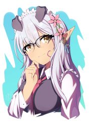Rule 34 | 1girl, absurdres, alipheese fateburn xvi, bespectacled, boqee, breasts, closed mouth, collared shirt, commentary request, flower, glasses, grey hair, hair between eyes, hair flower, hair ornament, highres, long hair, looking at viewer, maid, maid headdress, mon-musu quest!, necktie, pointy ears, red necktie, shirt, solo, upper body, yellow eyes
