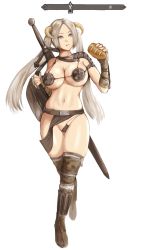 Rule 34 | 1girl, :t, armor, bikini armor, blue eyes, boots, bread, breasts, cleavage, commentary, commentary request, eating, english commentary, female focus, fingerless gloves, food, full body, gloves, highres, holding, holding food, horns, kurone rinka, large breasts, long hair, mixed-language commentary, navel, revealing clothes, shield, sidelocks, simple background, solo, standing, sword, the elder scrolls, the elder scrolls v: skyrim, thick thighs, thigh boots, thighs, twintails, underboob, very long hair, walking, weapon, weapon on back, white background, white hair