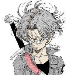 Rule 34 | 1boy, arms at sides, black shirt, breast pocket, capsule corp, close-up, closed mouth, clothes writing, collarbone, denim, denim jacket, dragon ball, dragonball z, expressionless, fenyon, floating hair, frown, grey eyes, grey hair, high collar, jacket, looking to the side, male focus, open clothes, open jacket, pectorals, pocket, serious, shaded face, shirt, simple background, solo, sword, trunks (dragon ball), trunks (future) (dragon ball), twitter username, upper body, weapon, white background