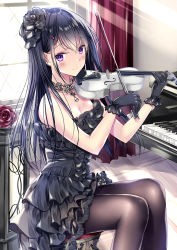 Rule 34 | 1girl, bad id, bad pixiv id, bare shoulders, black dress, black gloves, black hair, black neckwear, blush, bow (music), commentary request, dress, flower, frilled dress, frills, gloves, hair between eyes, hair ornament, hairclip, highres, holding, holding instrument, holding violin, indoors, instrument, kobayashi chisato, light particles, light rays, long hair, looking at viewer, music, original, pantyhose, piano, playing instrument, purple eyes, red curtains, rose, sidelocks, sitting, sleeveless, sleeveless dress, smile, solo, stool, strapless, strapless dress, violin, window