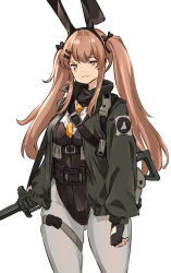Rule 34 | 1girl, :3, adapted costume, animal ears, black leotard, breasts, brown hair, buckle, commentary, english commentary, fake animal ears, fingerless gloves, girls&#039; frontline, gloves, green jacket, gun, gun on back, h&amp;k ump, hair ornament, hair ribbon, hairclip, jacket, large breasts, leotard, long hair, looking at viewer, mutugorou u, necktie, pantyhose, playboy bunny, rabbit ears, red eyes, ribbon, scar, scar across eye, scar on face, simple background, smile, snap-fit buckle, solo, submachine gun, thigh strap, twintails, ump9 (girls&#039; frontline), very long hair, weapon, weapon on back, white background, white pantyhose, yellow necktie
