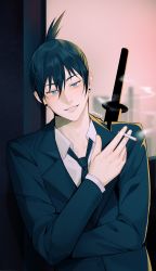 Rule 34 | 1boy, absurdres, artist name, blue eyes, blue hair, blue jacket, blue necktie, blue suit, chainsaw man, cigarette, collared shirt, crossed arms, earrings, formal, hair between eyes, hayakawa aki, highres, holding, holding cigarette, jacket, jewelry, long sleeves, looking at viewer, male focus, necktie, parted lips, shirt, short hair, short ponytail, smile, smoke, smoking, solo, suit, suit jacket, swandita, upper body, weapon, weapon on back, white shirt